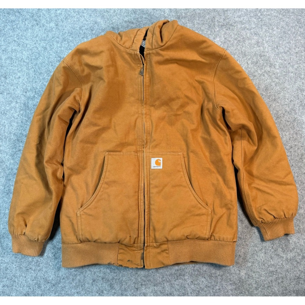 Carhartt Duck Brown Canvas Hooded Jacket Quilted Lined XL 18-20 Rugged Workwear
